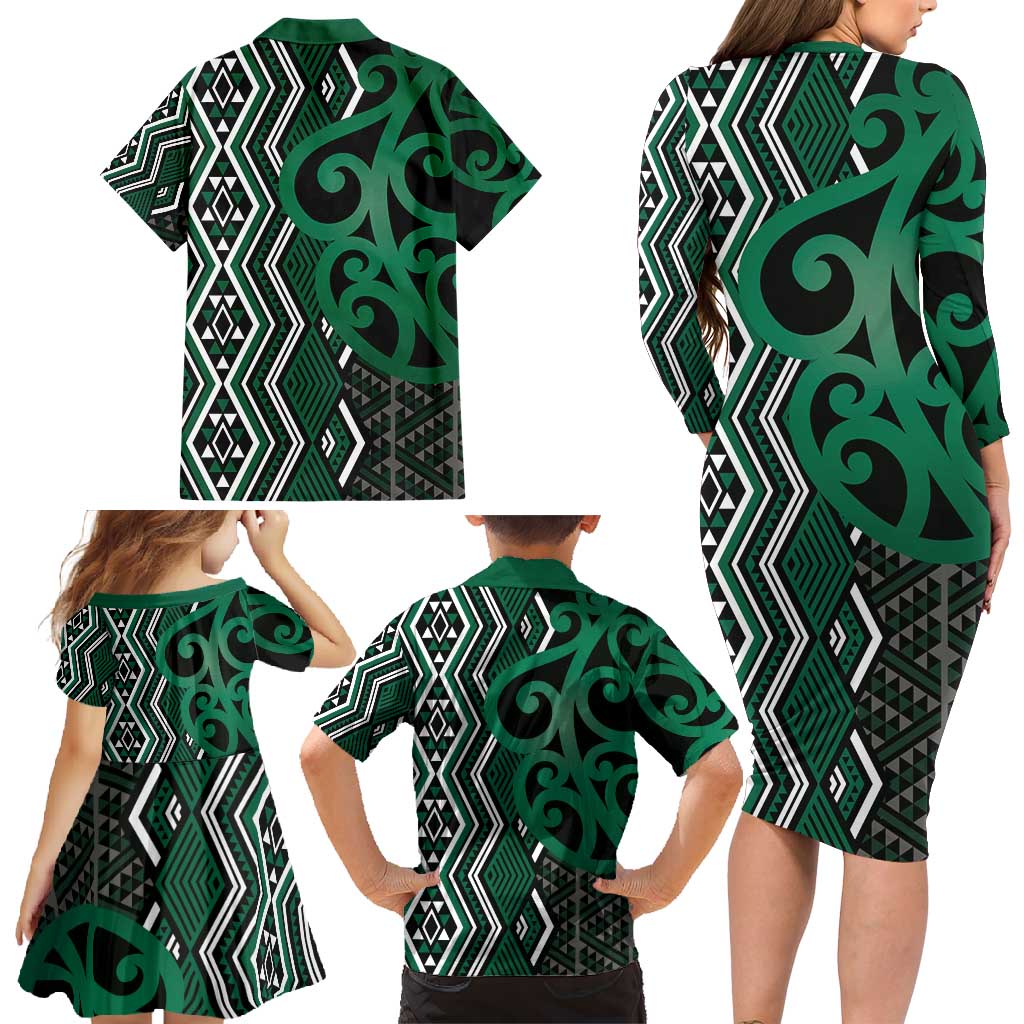 Maori Taniko Patterns Family Matching Long Sleeve Bodycon Dress and Hawaiian Shirt Pounamu Patiki Motifs Mix Whakairo Ngaru LT7 - Polynesian Pride