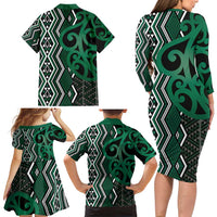 Maori Taniko Patterns Family Matching Long Sleeve Bodycon Dress and Hawaiian Shirt Pounamu Patiki Motifs Mix Whakairo Ngaru LT7 - Polynesian Pride