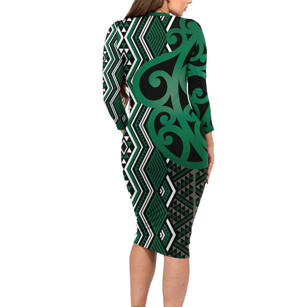 Maori Taniko Patterns Family Matching Long Sleeve Bodycon Dress and Hawaiian Shirt Pounamu Patiki Motifs Mix Whakairo Ngaru LT7 - Polynesian Pride