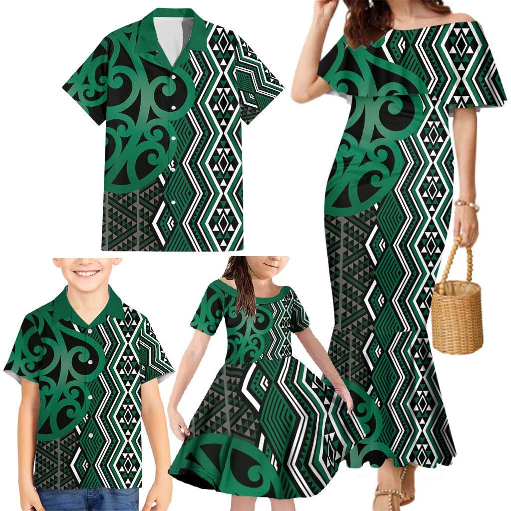 Maori Taniko Patterns Family Matching Mermaid Dress and Hawaiian Shirt Pounamu Patiki Motifs Mix Whakairo Ngaru LT7 - Polynesian Pride