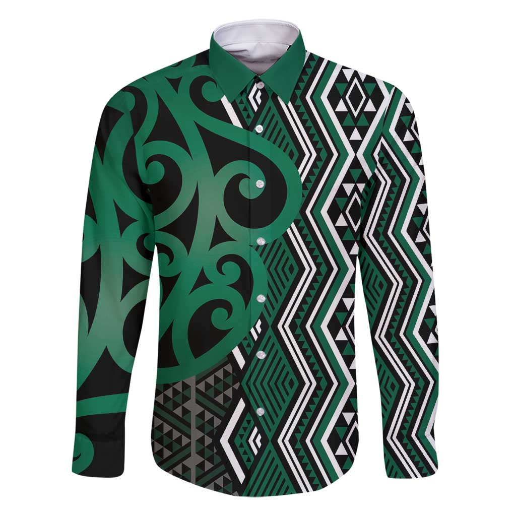 Maori Taniko Patterns Family Matching Mermaid Dress and Hawaiian Shirt Pounamu Patiki Motifs Mix Whakairo Ngaru LT7 Dad's Shirt - Long Sleeve Green - Polynesian Pride