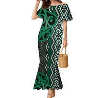 Maori Taniko Patterns Family Matching Mermaid Dress and Hawaiian Shirt Pounamu Patiki Motifs Mix Whakairo Ngaru LT7 Mom's Dress Green - Polynesian Pride