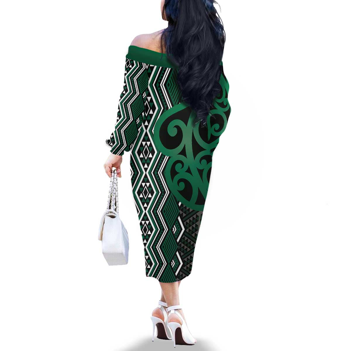 Maori Taniko Patterns Family Matching Off The Shoulder Long Sleeve Dress and Hawaiian Shirt Pounamu Patiki Motifs Mix Whakairo Ngaru LT7 - Polynesian Pride