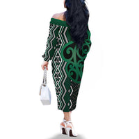 Maori Taniko Patterns Family Matching Off The Shoulder Long Sleeve Dress and Hawaiian Shirt Pounamu Patiki Motifs Mix Whakairo Ngaru LT7 - Polynesian Pride