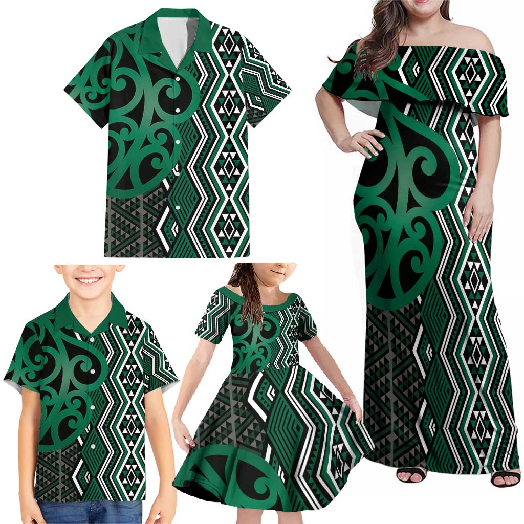 Maori Taniko Patterns Family Matching Off Shoulder Maxi Dress and Hawaiian Shirt Pounamu Patiki Motifs Mix Whakairo Ngaru LT7 - Polynesian Pride