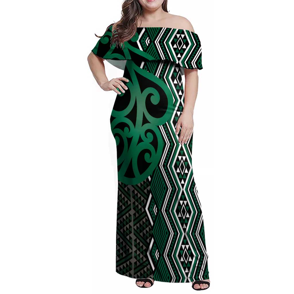 Maori Taniko Patterns Family Matching Off Shoulder Maxi Dress and Hawaiian Shirt Pounamu Patiki Motifs Mix Whakairo Ngaru LT7 Mom's Dress Green - Polynesian Pride