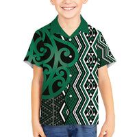 Maori Taniko Patterns Family Matching Off Shoulder Maxi Dress and Hawaiian Shirt Pounamu Patiki Motifs Mix Whakairo Ngaru LT7 Son's Shirt Green - Polynesian Pride