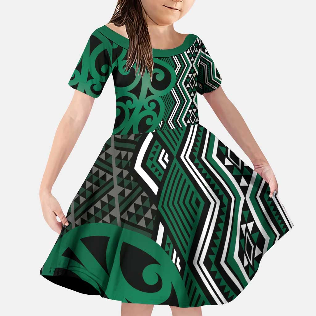 Maori Taniko Patterns Family Matching Puletasi and Hawaiian Shirt Pounamu Patiki Motifs Mix Whakairo Ngaru LT7 Daughter's Dress Green - Polynesian Pride