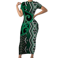Maori Taniko Patterns Family Matching Short Sleeve Bodycon Dress and Hawaiian Shirt Pounamu Patiki Motifs Mix Whakairo Ngaru LT7 Mom's Dress Green - Polynesian Pride