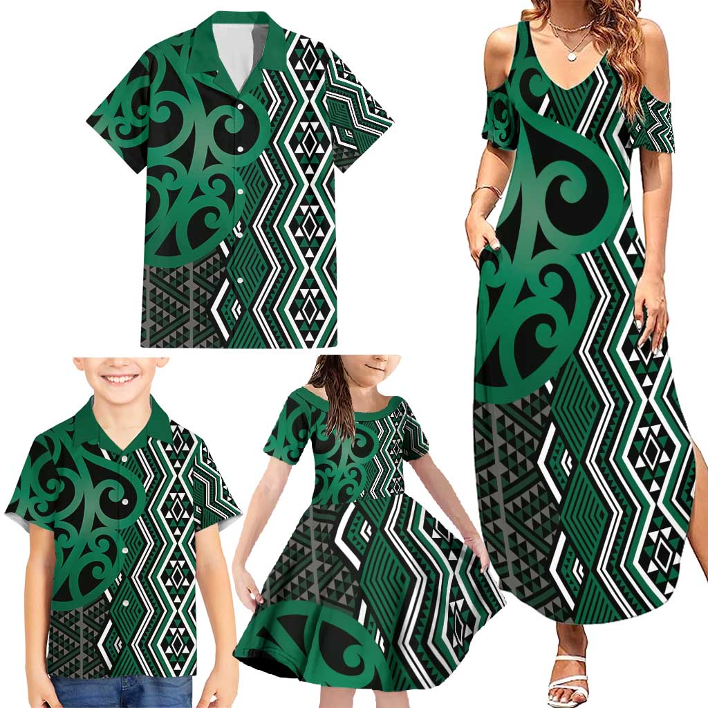 Maori Taniko Patterns Family Matching Summer Maxi Dress and Hawaiian Shirt Pounamu Patiki Motifs Mix Whakairo Ngaru LT7 - Polynesian Pride