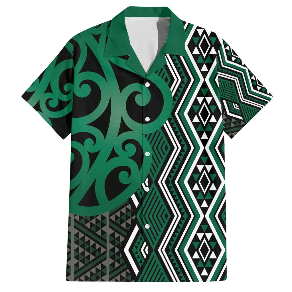 Maori Taniko Patterns Family Matching Summer Maxi Dress and Hawaiian Shirt Pounamu Patiki Motifs Mix Whakairo Ngaru LT7 Dad's Shirt - Short Sleeve Green - Polynesian Pride