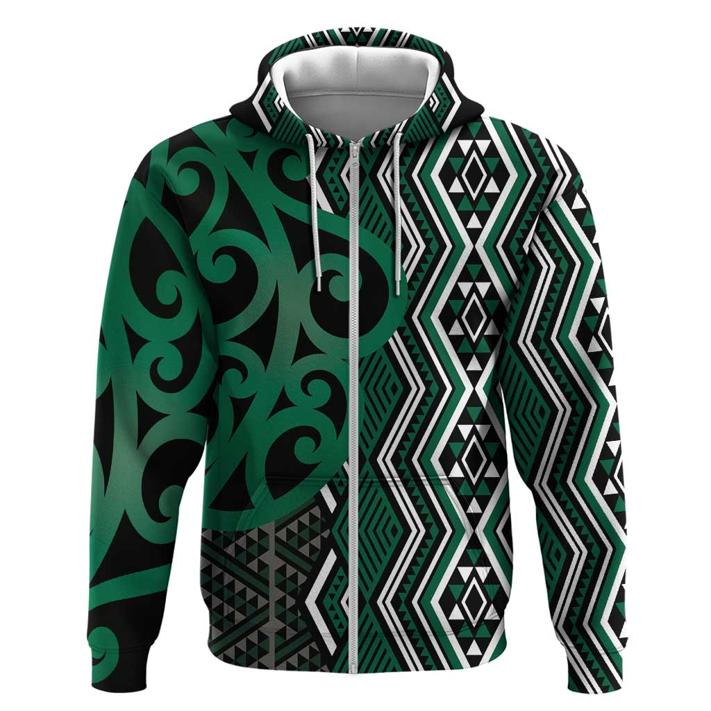Maori Taniko Patterns Hoodie Pounamu Patiki Motifs Mix Whakairo Ngaru LT7 Zip Hoodie Green - Polynesian Pride