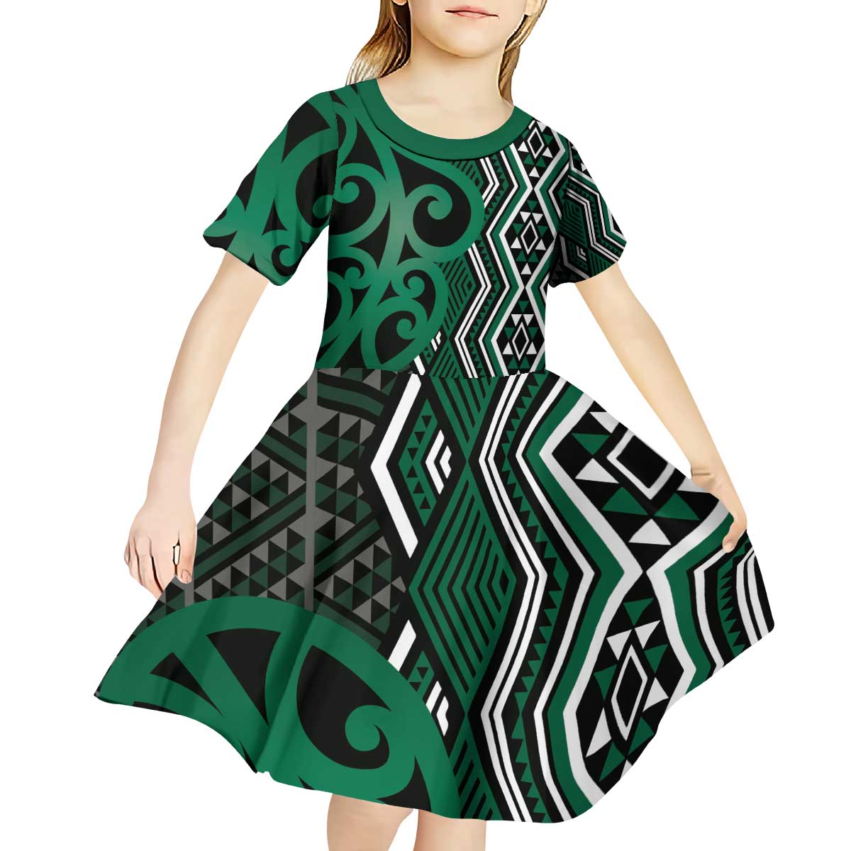 Maori Taniko Patterns Kid Short Sleeve Dress Pounamu Patiki Motifs Mix Whakairo Ngaru LT7 - Polynesian Pride