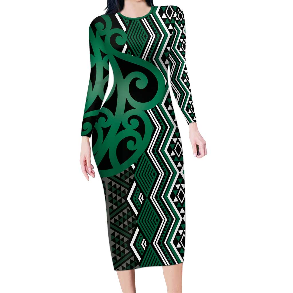 Maori Taniko Patterns Long Sleeve Bodycon Dress Pounamu Patiki Motifs Mix Whakairo Ngaru LT7 Long Dress Green - Polynesian Pride