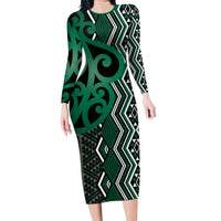 Maori Taniko Patterns Long Sleeve Bodycon Dress Pounamu Patiki Motifs Mix Whakairo Ngaru LT7 Long Dress Green - Polynesian Pride