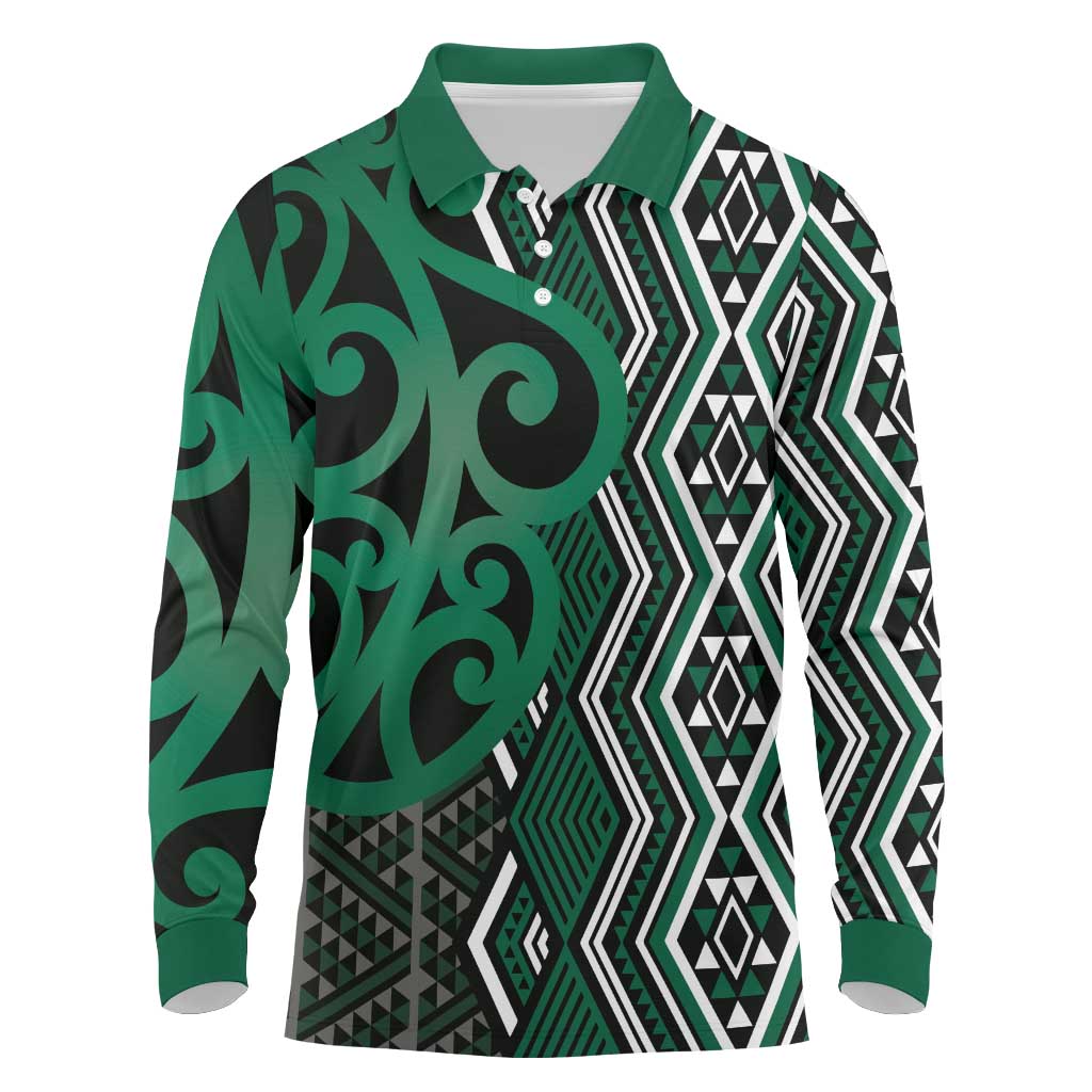 Maori Taniko Patterns Long Sleeve Polo Shirt Pounamu Patiki Motifs Mix Whakairo Ngaru LT7 Green - Polynesian Pride