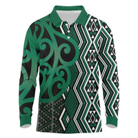 Maori Taniko Patterns Long Sleeve Polo Shirt Pounamu Patiki Motifs Mix Whakairo Ngaru LT7 Green - Polynesian Pride