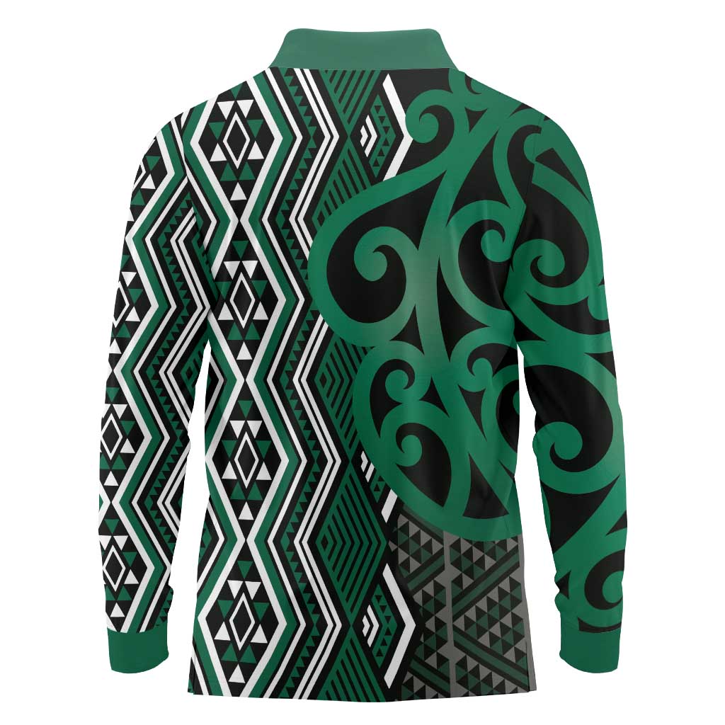 Maori Taniko Patterns Long Sleeve Polo Shirt Pounamu Patiki Motifs Mix Whakairo Ngaru LT7 - Polynesian Pride
