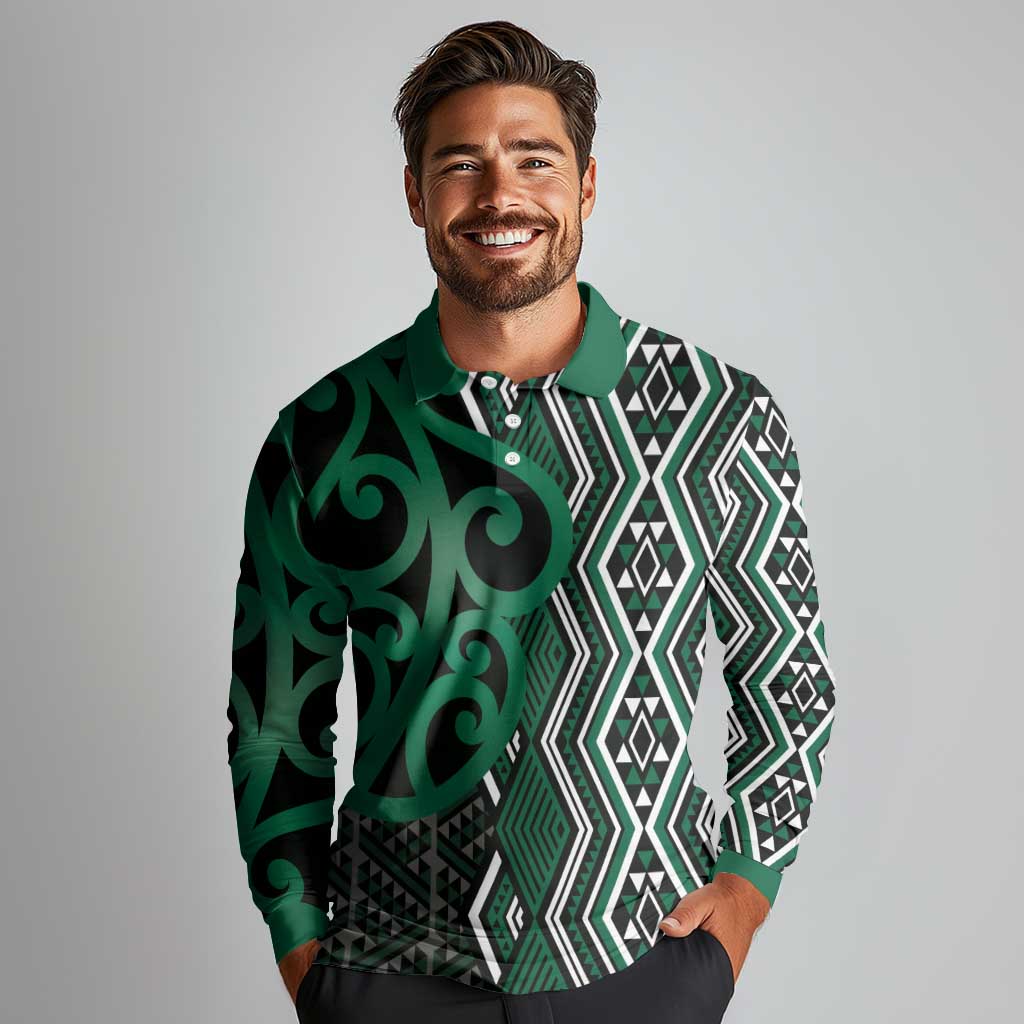 Maori Taniko Patterns Long Sleeve Polo Shirt Pounamu Patiki Motifs Mix Whakairo Ngaru LT7 - Polynesian Pride