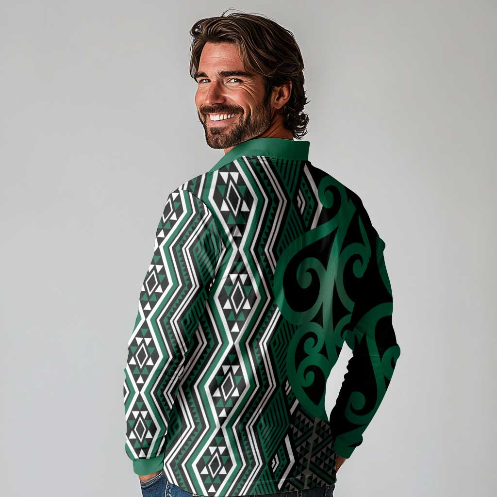 Maori Taniko Patterns Long Sleeve Polo Shirt Pounamu Patiki Motifs Mix Whakairo Ngaru LT7 - Polynesian Pride