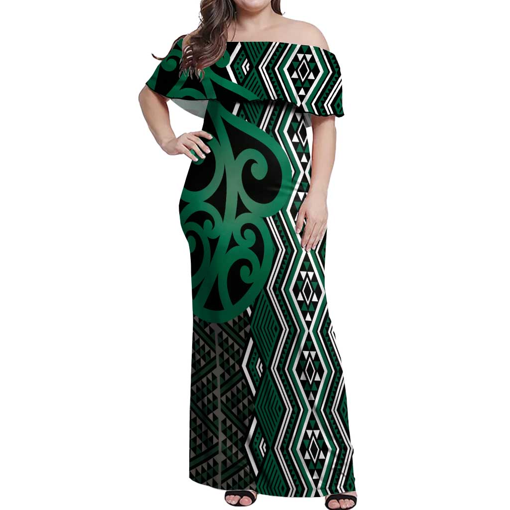 Maori Taniko Patterns Off Shoulder Maxi Dress Pounamu Patiki Motifs Mix Whakairo Ngaru LT7 Women Green - Polynesian Pride