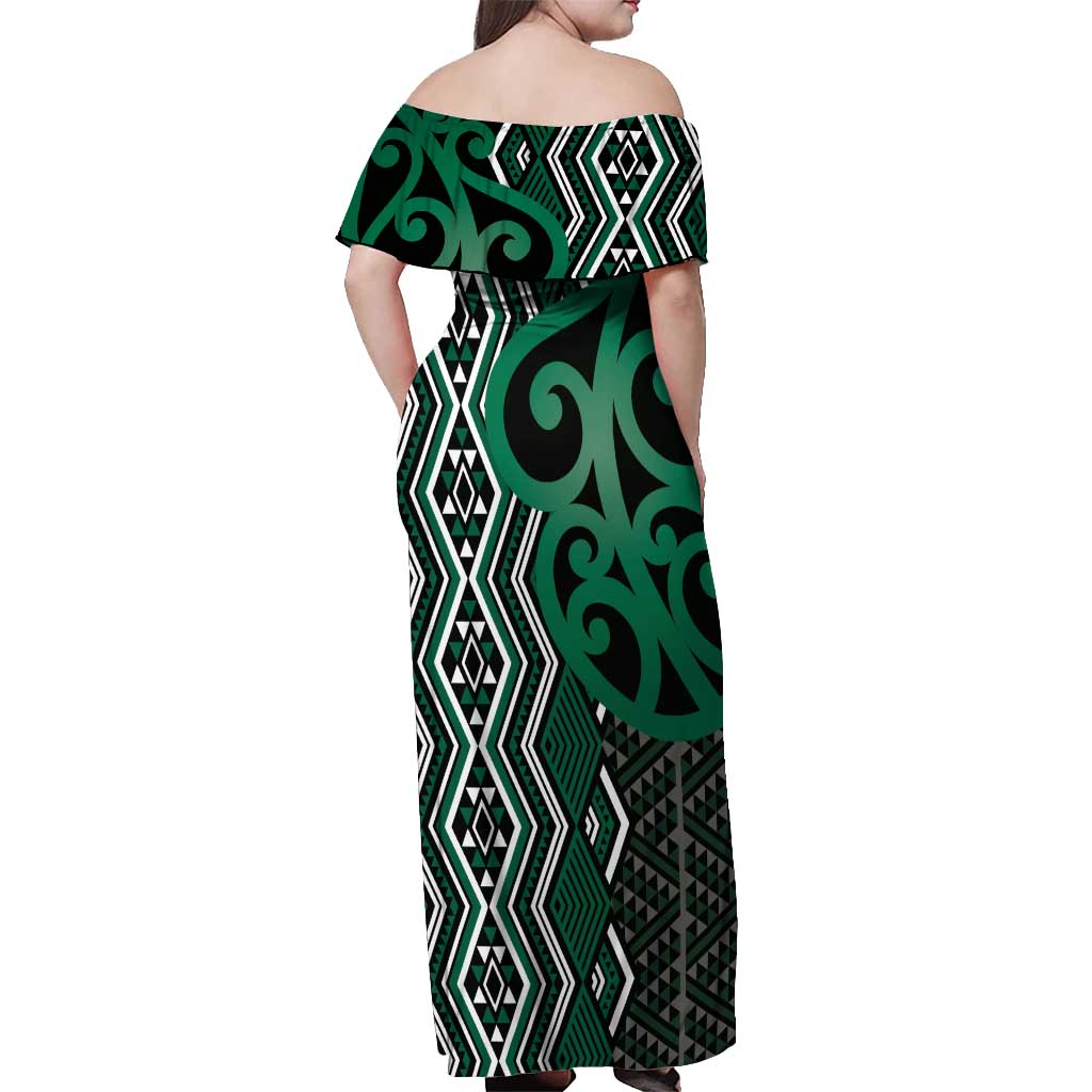 Maori Taniko Patterns Off Shoulder Maxi Dress Pounamu Patiki Motifs Mix Whakairo Ngaru LT7 - Polynesian Pride