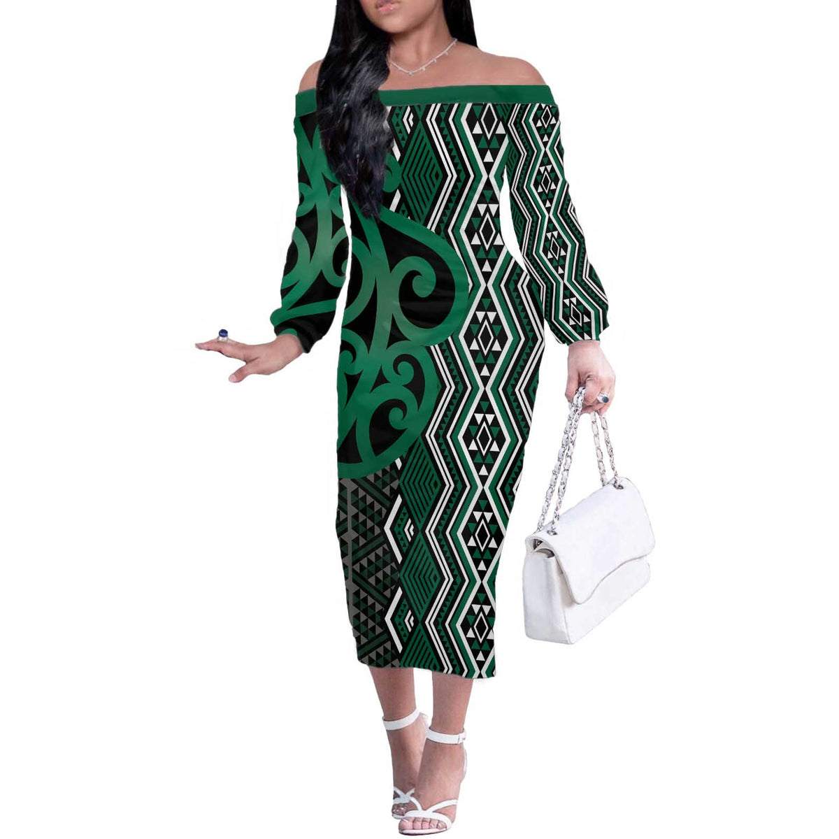 Maori Taniko Patterns Off The Shoulder Long Sleeve Dress Pounamu Patiki Motifs Mix Whakairo Ngaru LT7 Women Green - Polynesian Pride
