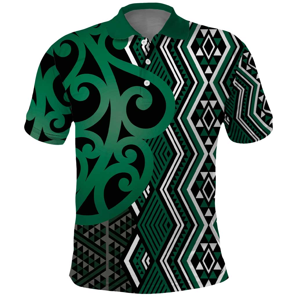 Maori Taniko Patterns Polo Shirt Pounamu Patiki Motifs Mix Whakairo Ngaru LT7 Green - Polynesian Pride