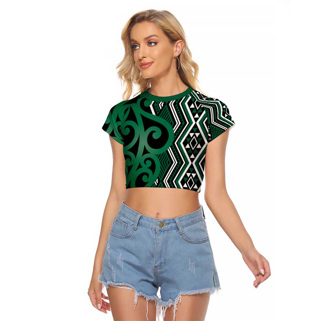 Maori Taniko Patterns Raglan Cropped T Shirt Pounamu Patiki Motifs Mix Whakairo Ngaru LT7 Female Green - Polynesian Pride