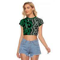 Maori Taniko Patterns Raglan Cropped T Shirt Pounamu Patiki Motifs Mix Whakairo Ngaru LT7 Female Green - Polynesian Pride