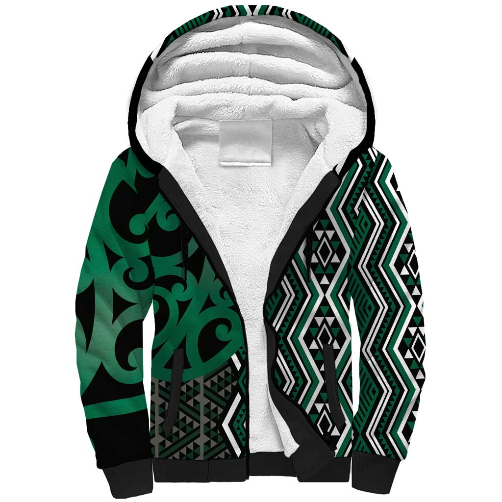Maori Taniko Patterns Sherpa Hoodie Pounamu Patiki Motifs Mix Whakairo Ngaru LT7 Unisex Green - Polynesian Pride