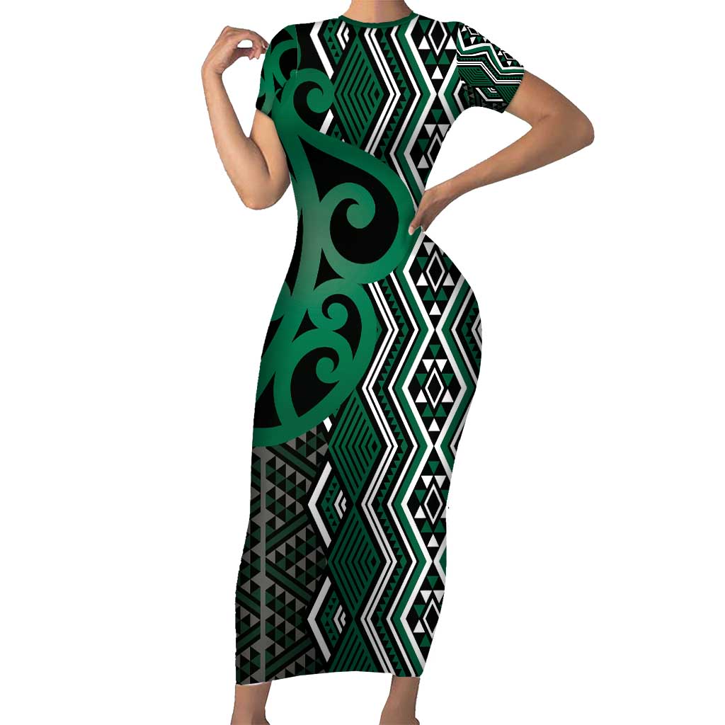 Maori Taniko Patterns Short Sleeve Bodycon Dress Pounamu Patiki Motifs Mix Whakairo Ngaru LT7 Long Dress Green - Polynesian Pride
