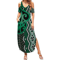 Maori Taniko Patterns Summer Maxi Dress Pounamu Patiki Motifs Mix Whakairo Ngaru LT7 Women Green - Polynesian Pride