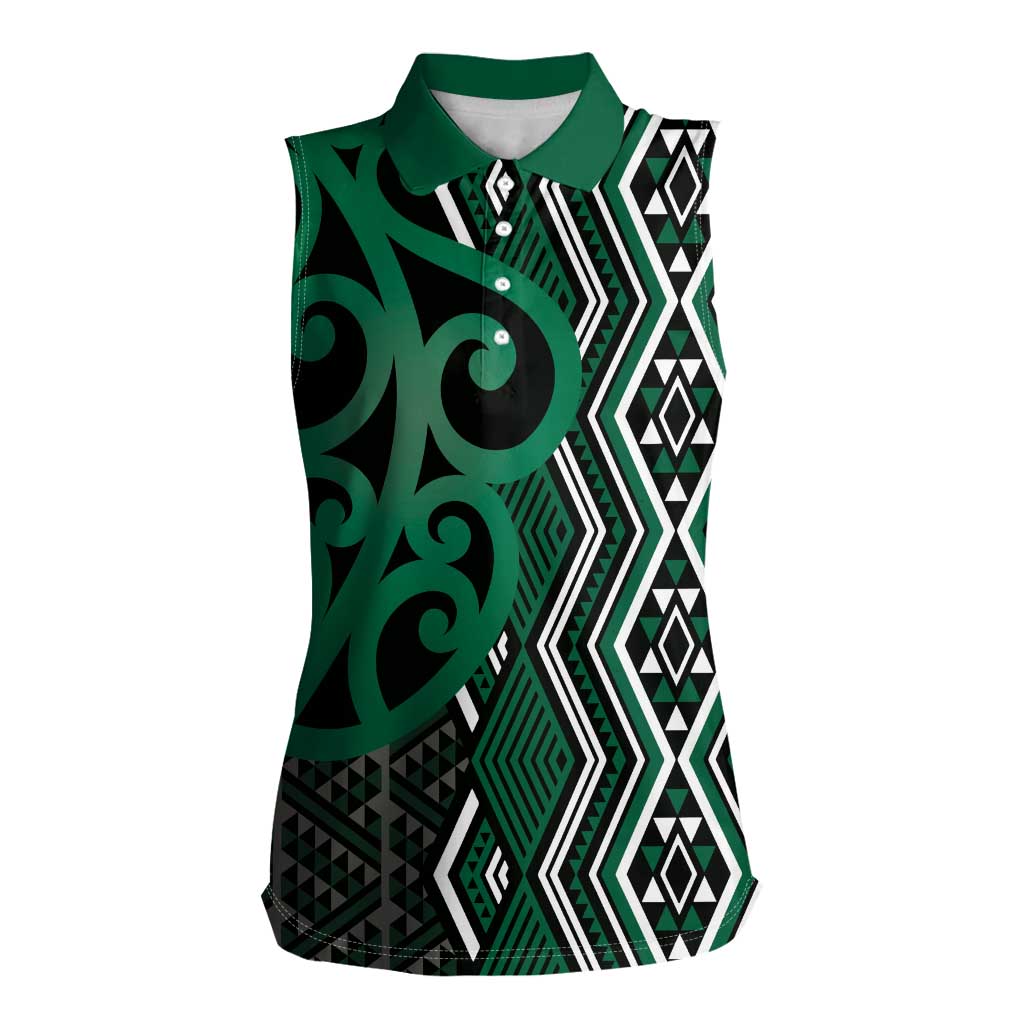 Maori Taniko Patterns Women Sleeveless Polo Shirt Pounamu Patiki Motifs Mix Whakairo Ngaru LT7 Female Green - Polynesian Pride