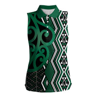 Maori Taniko Patterns Women Sleeveless Polo Shirt Pounamu Patiki Motifs Mix Whakairo Ngaru LT7 Female Green - Polynesian Pride