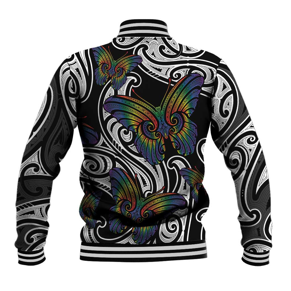 Aotearoa Takatapui Pride Baseball Jacket Rainbow Butterfly - Free To Love