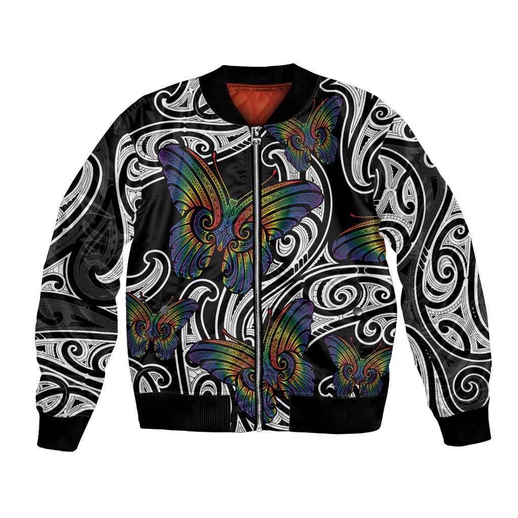 Aotearoa Takatapui Pride Bomber Jacket Rainbow Butterfly - Free To Love LT7 Unisex Black - Polynesian Pride