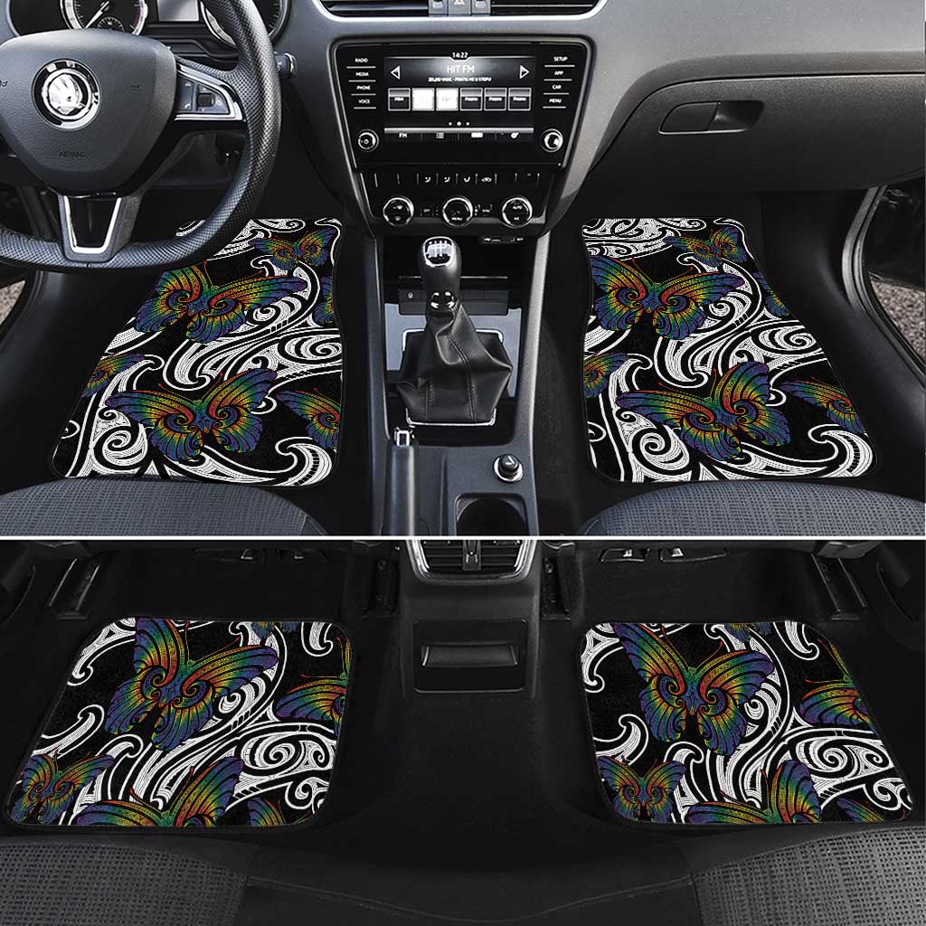 Aotearoa Takatapui Pride Car Mats Rainbow Butterfly - Free To Love LT7 Set 4pcs Black - Polynesian Pride