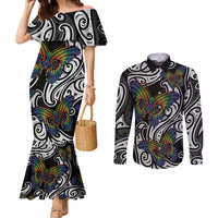 Aotearoa Takatapui Pride Couples Matching Mermaid Dress and Long Sleeve Button Shirt Rainbow Butterfly - Free To Love LT7 Black - Polynesian Pride