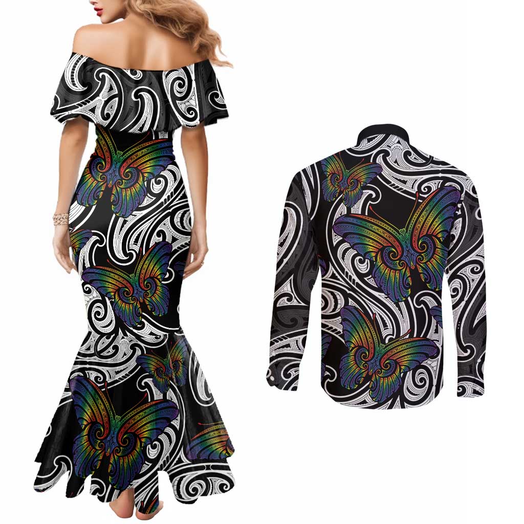 Aotearoa Takatapui Pride Couples Matching Mermaid Dress and Long Sleeve Button Shirt Rainbow Butterfly - Free To Love LT7 - Polynesian Pride