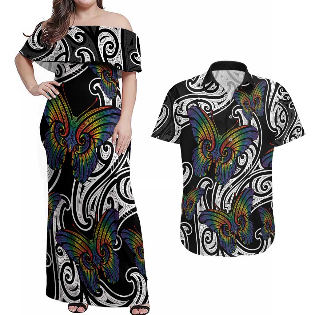 Aotearoa Takatapui Pride Couples Matching Off Shoulder Maxi Dress and Hawaiian Shirt Rainbow Butterfly - Free To Love LT7 Black - Polynesian Pride
