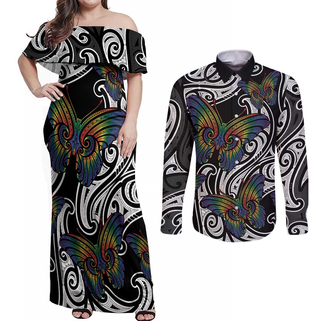 Aotearoa Takatapui Pride Couples Matching Off Shoulder Maxi Dress and Long Sleeve Button Shirt Rainbow Butterfly - Free To Love LT7 Black - Polynesian Pride