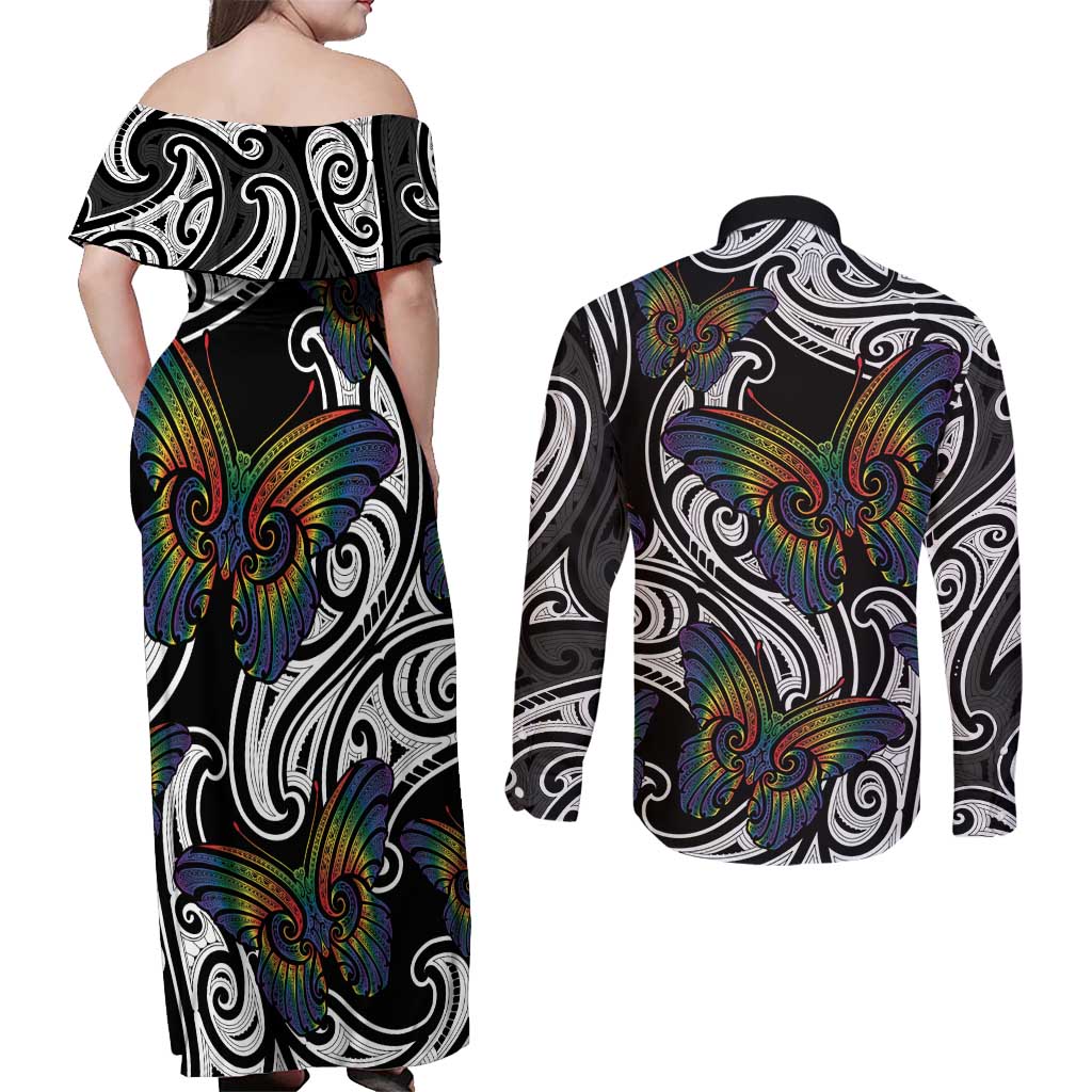 Aotearoa Takatapui Pride Couples Matching Off Shoulder Maxi Dress and Long Sleeve Button Shirt Rainbow Butterfly - Free To Love LT7 - Polynesian Pride