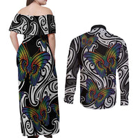 Aotearoa Takatapui Pride Couples Matching Off Shoulder Maxi Dress and Long Sleeve Button Shirt Rainbow Butterfly - Free To Love LT7 - Polynesian Pride