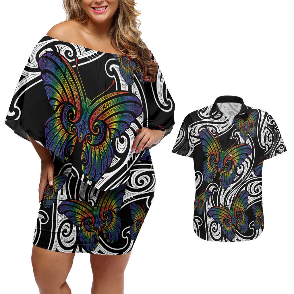 Aotearoa Takatapui Pride Couples Matching Off Shoulder Short Dress and Hawaiian Shirt Rainbow Butterfly - Free To Love LT7 Black - Polynesian Pride