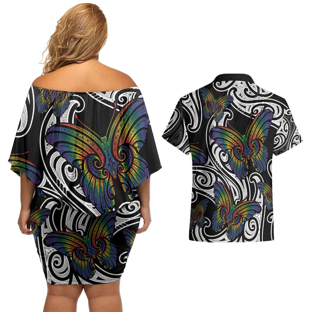 Aotearoa Takatapui Pride Couples Matching Off Shoulder Short Dress and Hawaiian Shirt Rainbow Butterfly - Free To Love LT7 - Polynesian Pride