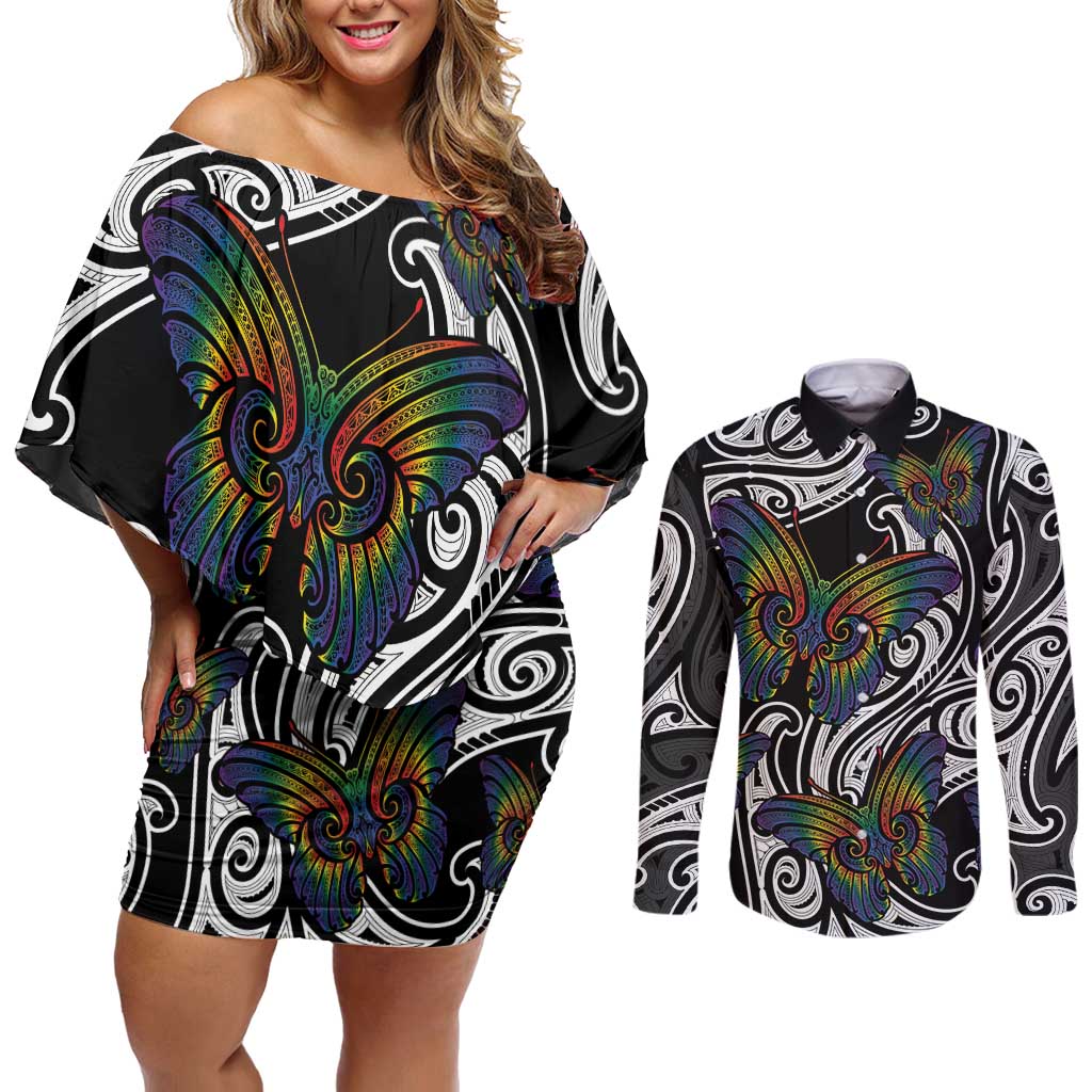 Aotearoa Takatapui Pride Couples Matching Off Shoulder Short Dress and Long Sleeve Button Shirt Rainbow Butterfly - Free To Love LT7 Black - Polynesian Pride