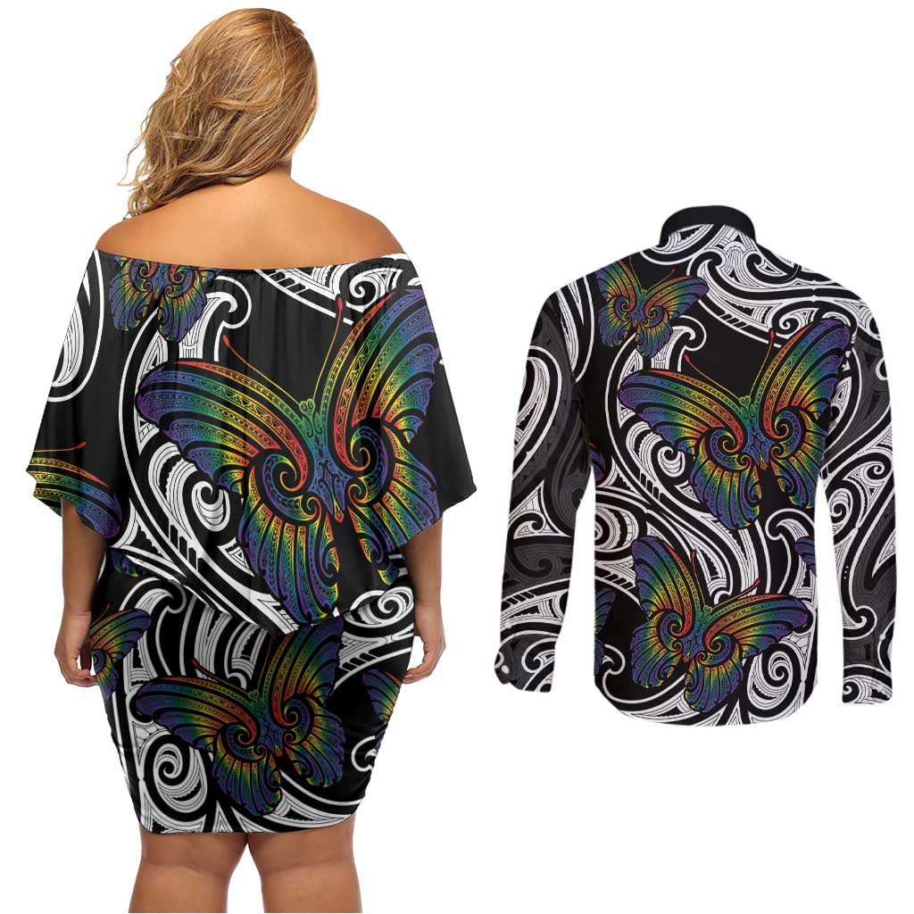 Aotearoa Takatapui Pride Couples Matching Off Shoulder Short Dress and Long Sleeve Button Shirt Rainbow Butterfly - Free To Love LT7 - Polynesian Pride