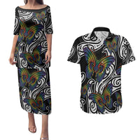 Aotearoa Takatapui Pride Couples Matching Puletasi and Hawaiian Shirt Rainbow Butterfly - Free To Love LT7 Black - Polynesian Pride