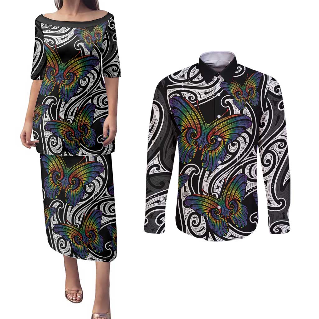 Aotearoa Takatapui Pride Couples Matching Puletasi and Long Sleeve Button Shirt Rainbow Butterfly - Free To Love LT7 Black - Polynesian Pride